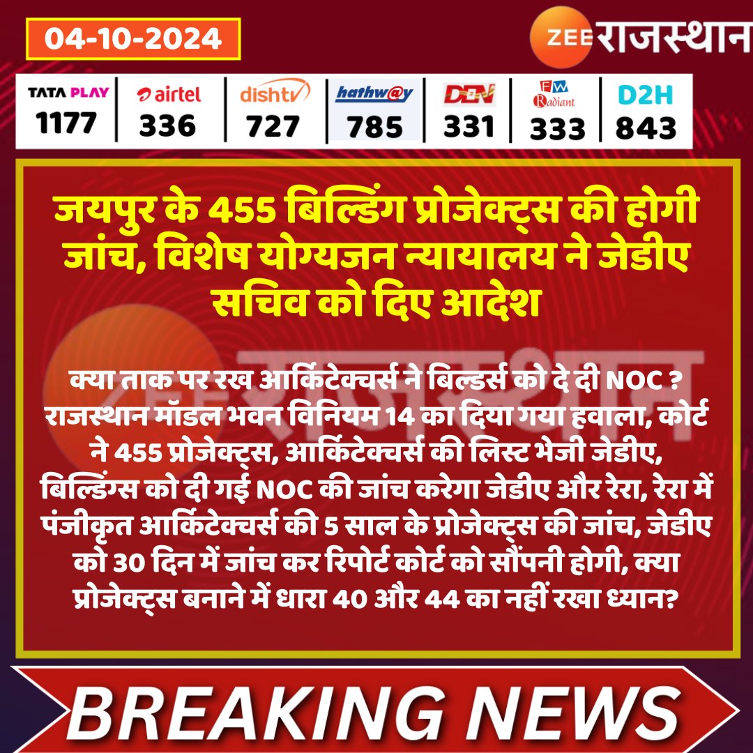 #Jaipur के 455 बिल्डिंग प्रोजेक्ट्स की होगी जांच, विशेष योग्यजन न्यायालय ने जेडीए सचिव को दिए आदेश

<a href="/RajGovOfficial/">Government of Rajasthan</a> <a href="/ashishchauhanze/">ashish chauhan</a> @ramsinghrajawat <a href="/jdajaipur/">Jaipur Development Authority</a> #LatestNews #RajasthanNews #RajasthanWithZee