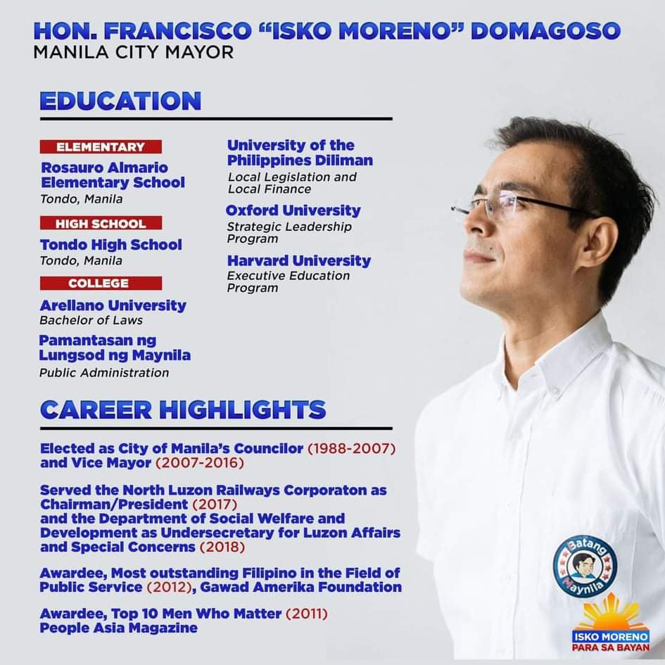 IssaPinas's tweet photo. All the right reasons why a manilenyo should vote for @IskoMoreno Domagoso as #manilamayor #mayor #yorme #taomuna https://t.co/5sznbTiiHG