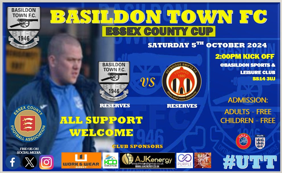 ⭐️ NEXT RESERVE TEAM MATCH ⭐️

⌛️ TOMORROW ⌛️

🔵⚪️  SENIOR MENS RESERVE TEAM 🔵⚪️
🚨 2024/25 🚨
⚽️ Essex County Cup
<a href="/bastownfc/">Basildon Town FC</a> vs <a href="/officialswifts/">Heybridge Swifts FC</a> 
📆 SAT 5TH OCTOBER
🏟 Basildon Sport and Leisure Club
⚽ K.O 2:00pm
All Support Welcome

#UTT ⚽️🔵⚪️