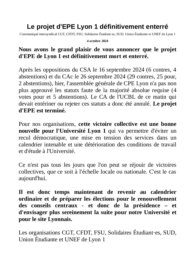 Le projet d'EPE <a href="/UnivLyon1/">Université Lyon 1</a>  définitivement enterré - 
Communiqué intersyndical CGT, CFDT, FSU, SUD, <a href="/SolEtuLyon/">Solidaires étudiant-e-s Lyon</a>, <a href="/UnefLyon/">UNEF Lyon</a>, <a href="/unionetulyon/">Union Étudiante Lyon</a> de Lyon 1
👉
douaalter.lautre.net/EPE/Communiqu%…