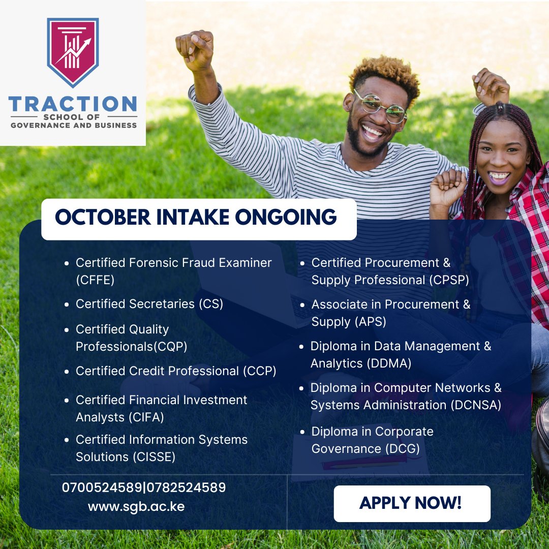 Traction_sgb's tweet image. OCTOBER INTAKE NOW OPEN!

Click here to enroll: sgb.ac.ke

#OctoberIntake2024 #OctoberIntake #CSclasses #CPAclasses #CIFAclasses #CQPclasses #CFFEclasses #CISSEclasses #datamanagement #CPAgroups #cpa #Corporategovernance #procurement #procurementclasses #supplychain