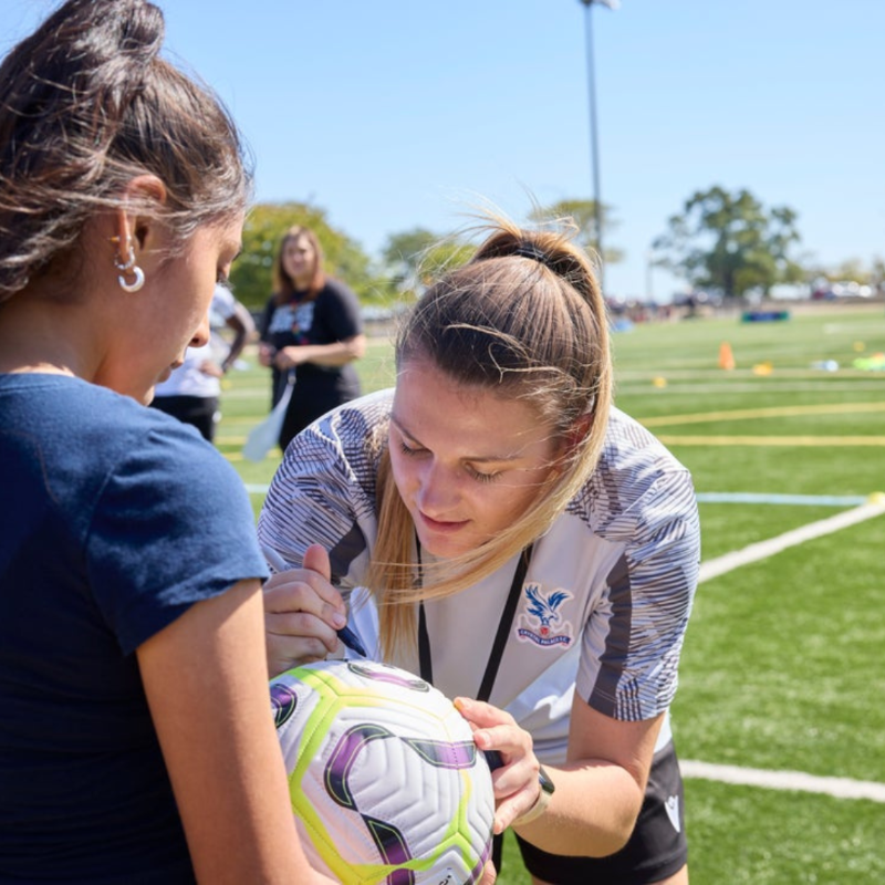 PalaceForLife's tweet photo. We're super proud of Gemma Staple, our Female Engagement Officer, who represented Palace for Life in Chicago for the Premier League Morning’s Live fan event last month, where she led football sessions for local kids.  ❤️💙

@PLinUSA @CPFC