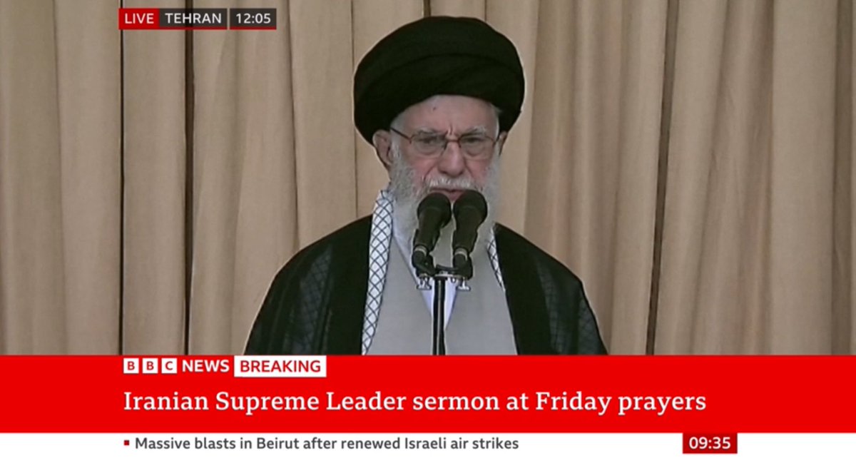 Alexarmstrong's tweet image. The BBC have played 40 minutes of Iran’s Ayatollah Khemeni Friday prayers.

What the f*ck are they thinking.