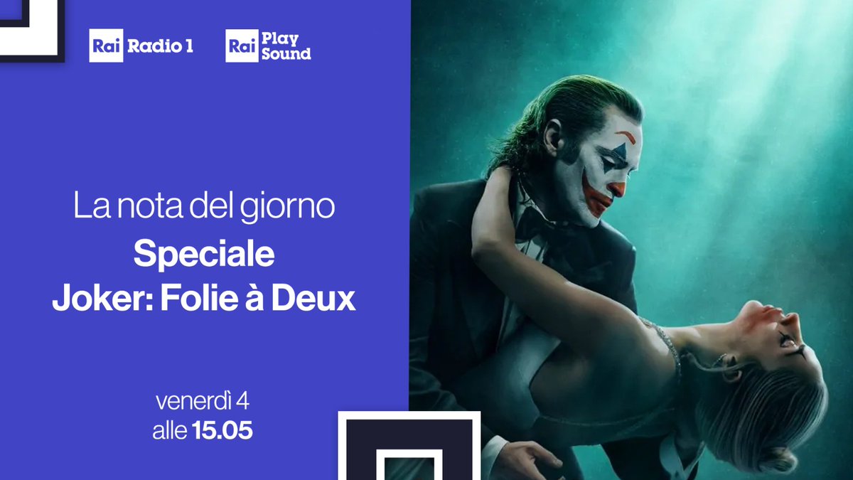 Rai Radio1 (@radio1rai) on Twitter photo 🎵 A #LaNotaDelGiorno con <a href="/johnvignola/">John Vignola</a> oggi #4ottobre c’è lo Speciale #Joker Folie.à Deux interpretato da #LadyGaga e #JoaquinPhoenix 🃏
🎧 Ascolta #LNDG dalle 15 su #Radio1 e <a href="/raiplaysound/">RaiPlay Sound</a>
👉 raiplaysound.it/radio1 🎵 A #LaNotaDelGiorno con <a href="/johnvignola/">John Vignola</a> oggi #4ottobre c’è lo Speciale #Joker Folie.à Deux interpretato da #LadyGaga e #JoaquinPhoenix 🃏
🎧 Ascolta #LNDG dalle 15 su #Radio1 e <a href="/raiplaysound/">RaiPlay Sound</a>
👉 raiplaysound.it/radio1