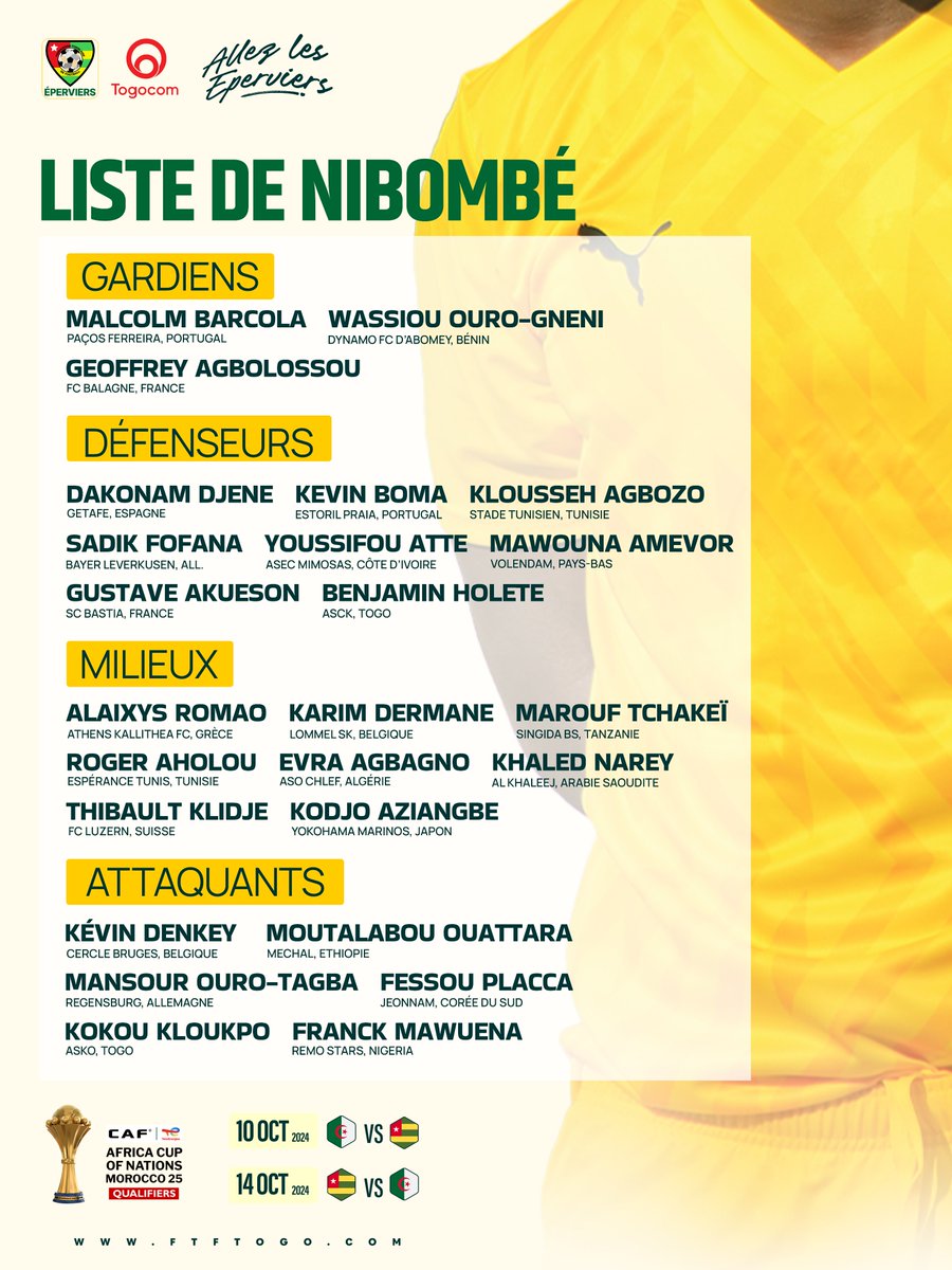 FtfTogolaise's tweet image. 🔴#EPERVIERS

La liste de Daré #Nibombé pour la double confrontation #TOGO vs #Algerie 

#TousEperviers