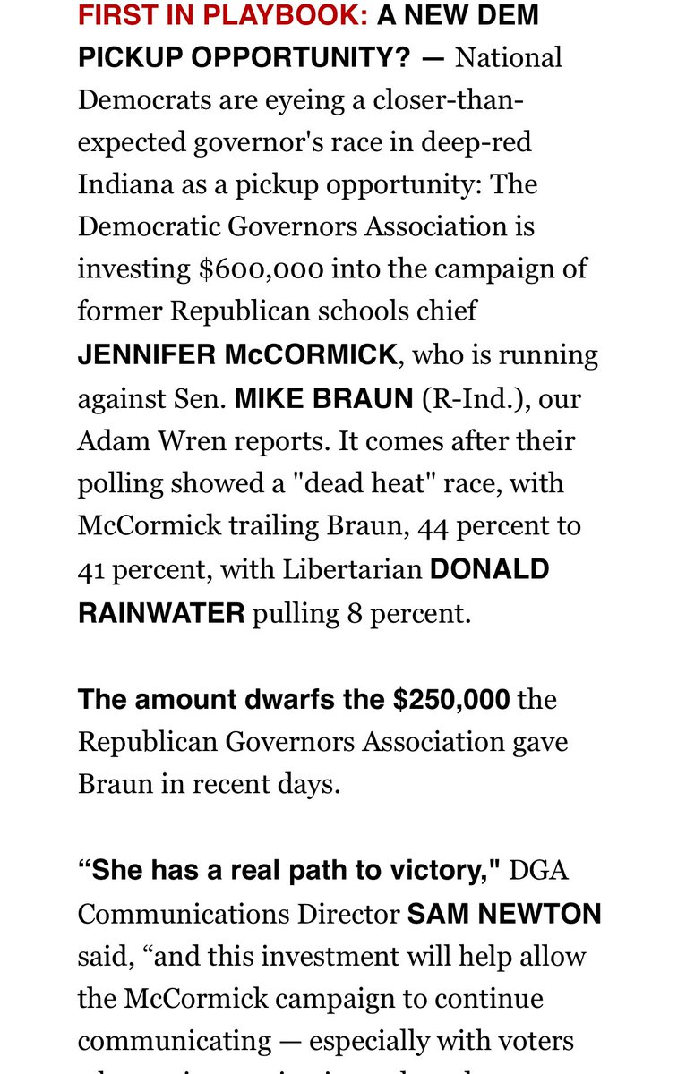 adamwren's tweet image. Scoop: @DemGovs is transferring $600,000 to @mccormickforgov’s campaign. It dwarfs the $250,000 @GOPGovs gave to @braun4indiana days ago. 

In @playbookdc. politico.com/newsletters/pl…