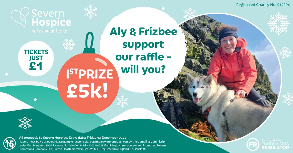 Today we've launched our Christmas raffle for 2024. Play and you could win the £5,000 jackpot.
Go to severnhospice.org.uk/raffle to buy your ticket - they only cost £1 each.
By taking part in our raffle, you support the care we give. Aly supports us: please support us too.