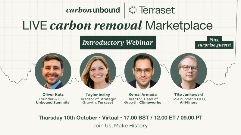 #CDR History in the making! Introducing the LIVE Carbon Removal Marketplace🤝

We're partnering with <a href="/terrasetclimate/">Terraset</a> to create a first-of-its-kind activation to accelerate permanent carbon removal. 

Join us for an interactive webinar to discover more👉 lnkd.in/e-tJetPa