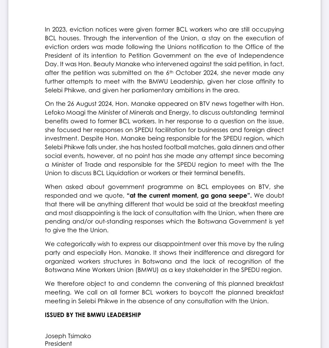 VictorBaatweng's tweet photo. From Botswana Mine Workers Union https://t.co/mLJO4WJJ59