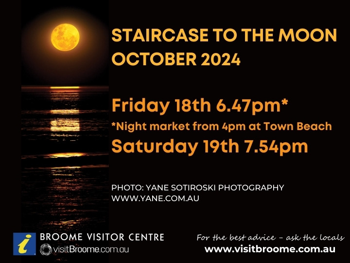 Come and join us in Broome for the Staircase to the Moon in October 2024. Below are the dates you need!  Learn more > visitbroome.com.au/events/stairca…