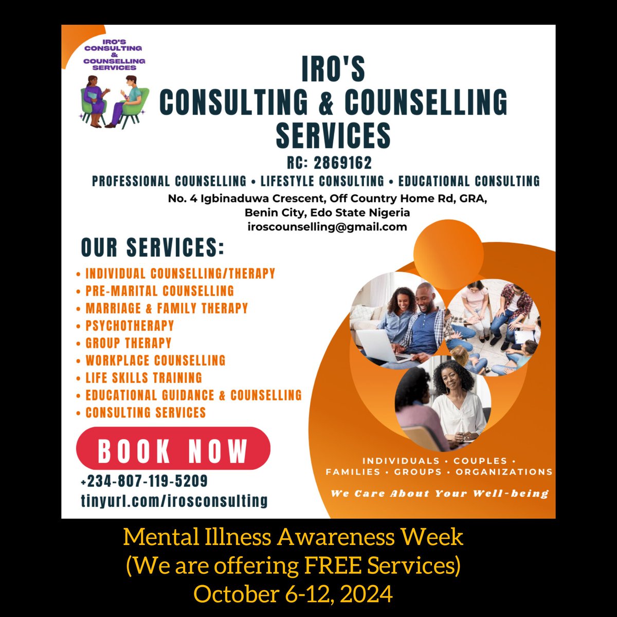 IrosCounselling's tweet photo. Good morning, everyone. In honour of the upcoming  Mental Illness Awareness Week, our Company will be offering FREE Services that period(Office and Online). Kindly share this with those in need. It's our CSR for that Week. 

Wishing you all a calm Week ahead.

Thank you. https://t.co/zMXKSaTV5d