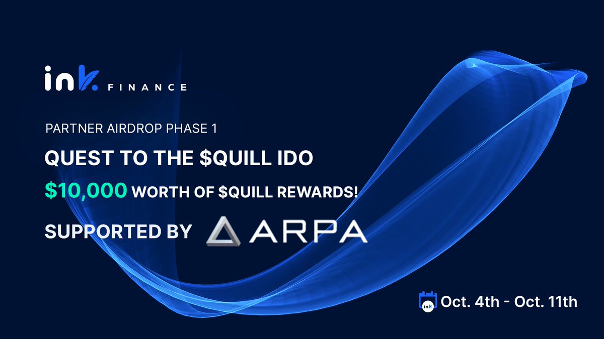 inkfinance's tweet photo. We’re excited to unveil our collaboration with @arpaofficial as part of our Quest to the $QUILL IDO!🌟

ARPA is a leader in permissionless threshold signature services for blockchains. Together, we're pushing the boundaries of decentralized finance and blockchain technology🚀 https://t.co/aC8MNQTEyx