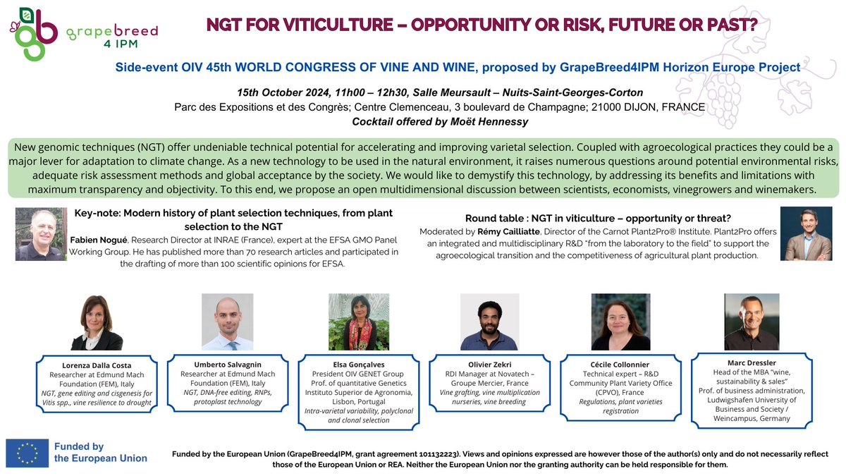 GrapeBreed4IPM (@grapebreed4ipm) on Twitter photo <a href="/GrapeBreed4IPM/">GrapeBreed4IPM</a> Project is organizing a round table on “NGT in viticulture – Opportunity or Risk, Future or Past?”.
This is a Side-Event of the OIV 45th World Congress of Vine and Wine (Dijon, France). Don’t miss it! Stay tuned!
#HorisonEurope #GrapeBreed4IPM #NGT #breeding <a href="/GrapeBreed4IPM/">GrapeBreed4IPM</a> Project is organizing a round table on “NGT in viticulture – Opportunity or Risk, Future or Past?”.
This is a Side-Event of the OIV 45th World Congress of Vine and Wine (Dijon, France). Don’t miss it! Stay tuned!
#HorisonEurope #GrapeBreed4IPM #NGT #breeding