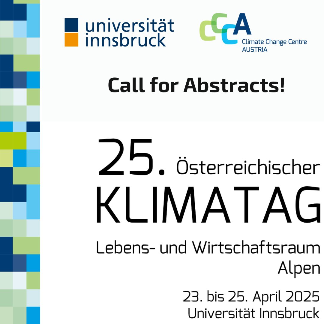 _CCCA_'s tweet photo. Der 25. Österreichische #Klimatag findet von 23.-25. April unter dem Motto „Lebens- und Wirtschaftsraum Alpen“ an der @uniinnsbruck statt! 🌎🏔️

Die Einreichung für die wissenschaftlichen Sessions &amp; den CCCA-Nachwuchspreis ist bis 25.10. geöffnet!

➡️ https://t.co/NnxUe32fSB https://t.co/D2qeA9YzsK