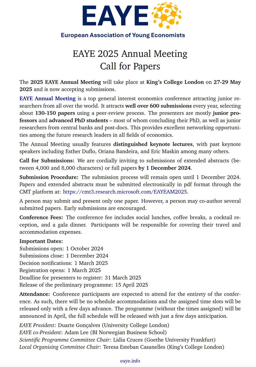 EAYE (@eayeconomists) on Twitter photo 🚨 Call for Papers! The 2025 EAYE Annual Meeting is at King’s College London <a href="/KingsCollegeLon/">King's College London</a> from May 27-29, 2025!
Submit your extended abstracts or full papers and join top junior economists from around the world!
🗓️Deadline: December 1, 2024 🚨 Call for Papers! The 2025 EAYE Annual Meeting is at King’s College London <a href="/KingsCollegeLon/">King's College London</a> from May 27-29, 2025!
Submit your extended abstracts or full papers and join top junior economists from around the world!
🗓️Deadline: December 1, 2024