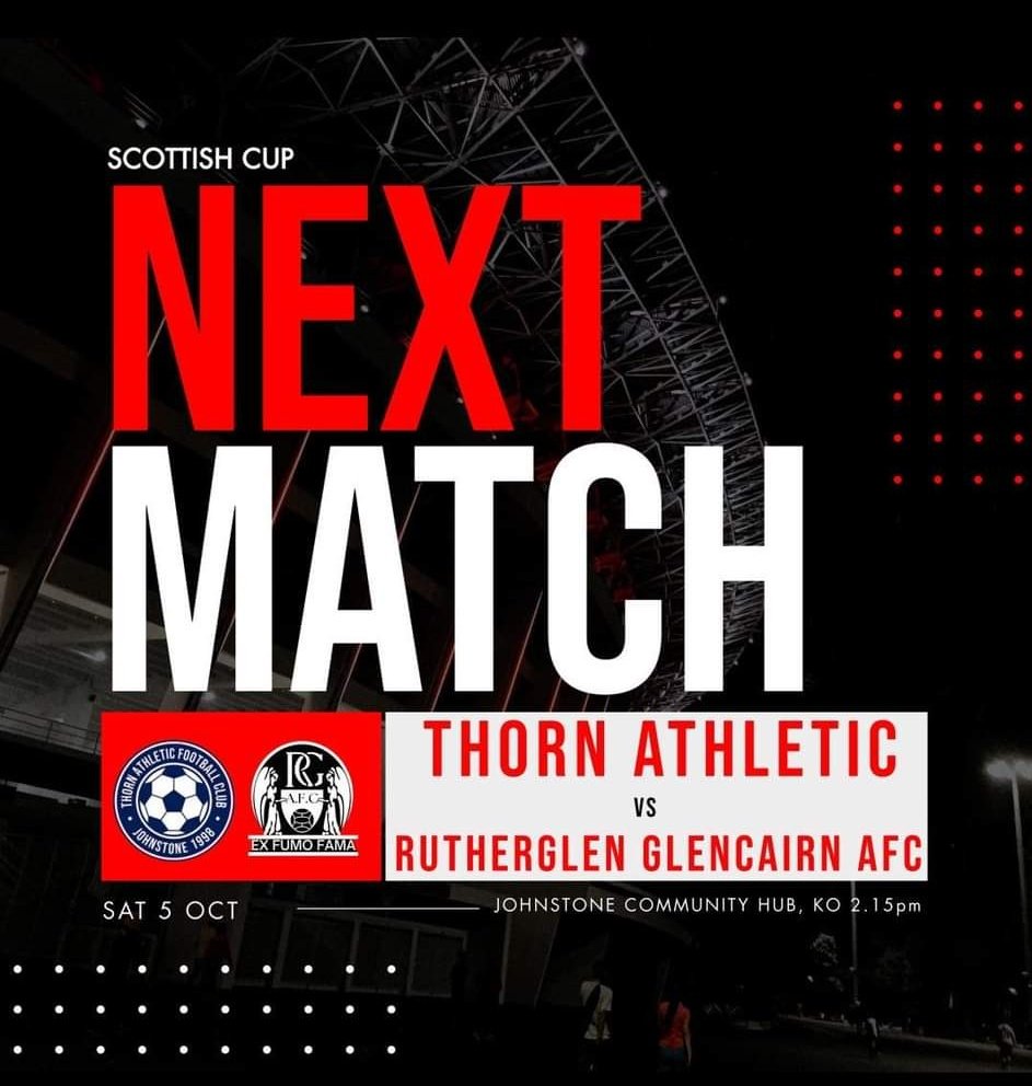 Rutherglen Glencairn AFC (@glencairnafc) on Twitter photo NEXT MATCH
We take on <a href="/ThornAthleticFC/">Thorn Athletic Football | Academy</a> 19s in the 2nd round of the Scottish Cup. Don't know much about them but one thing I'm sure they will be is fit so the boys will need to match that to get through to the next round ๐
MTGโซ๏ธโช๏ธ
<a href="/GlasCollegesFA/">Glasgow Colleges FA</a>
<a href="/SnJsFootyFocus/">FOOTY FOCUS</a> NEXT MATCH
We take on <a href="/ThornAthleticFC/">Thorn Athletic Football | Academy</a> 19s in the 2nd round of the Scottish Cup. Don't know much about them but one thing I'm sure they will be is fit so the boys will need to match that to get through to the next round ๐
MTGโซ๏ธโช๏ธ
<a href="/GlasCollegesFA/">Glasgow Colleges FA</a>
<a href="/SnJsFootyFocus/">FOOTY FOCUS</a>