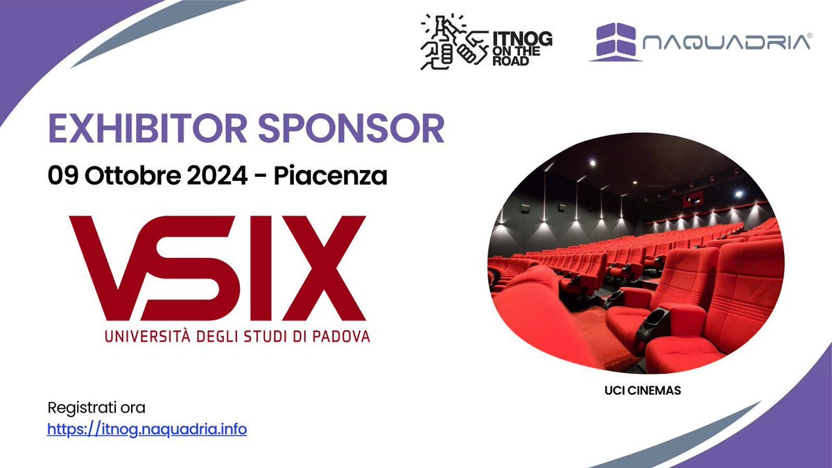🍿 Ci vediamo il 9 ottobre a Piacenza all'UCI Cinema per #ITNOGontheroad organizzato da <a href="/naquadriasrl/">Naquadria</a>.

Saremo sponsor dell'evento e vi aspettiamo al nostro banchetto per un po' di #networking (e con gadget bellissimi 🤫)

#ixp #tlc #itnog #internet