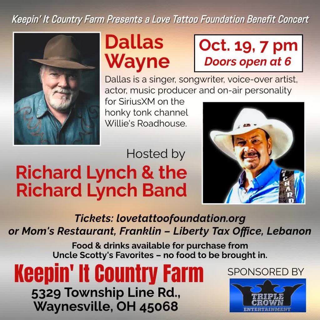 Look forward to visiting the Keepin' It Country Farm in Waynesville, Ohio, to perform for a good cause with my good buddy Redd Volkaert on October 19th. Hope to see y'all there! Visit lovetattoofoundation.org/store for tix.
