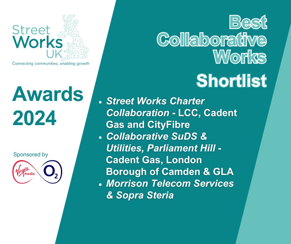We are pleased to announce our shortlist for the Best Collaborative Works Award at Street Works UK's Awards 2024!

Thanks to all who entered. We look forward to announcing our winners, and showcasing the best of our industry on 10th October in Parliament. 🏅