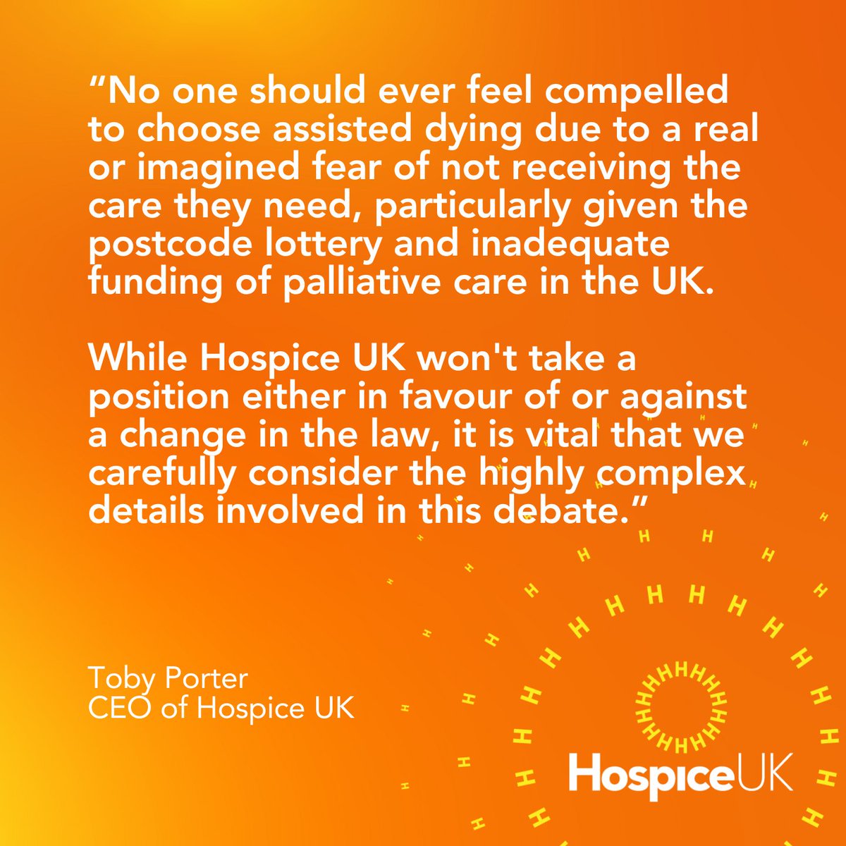 Assisted dying is in the spotlight as MPs consider a bill this month.

Hospice UK is neutral on a change in the law. Regardless of the outcome, we believe it's crucial to ensure everyone has access to quality end-of-life care and to consider all details in this complex debate.