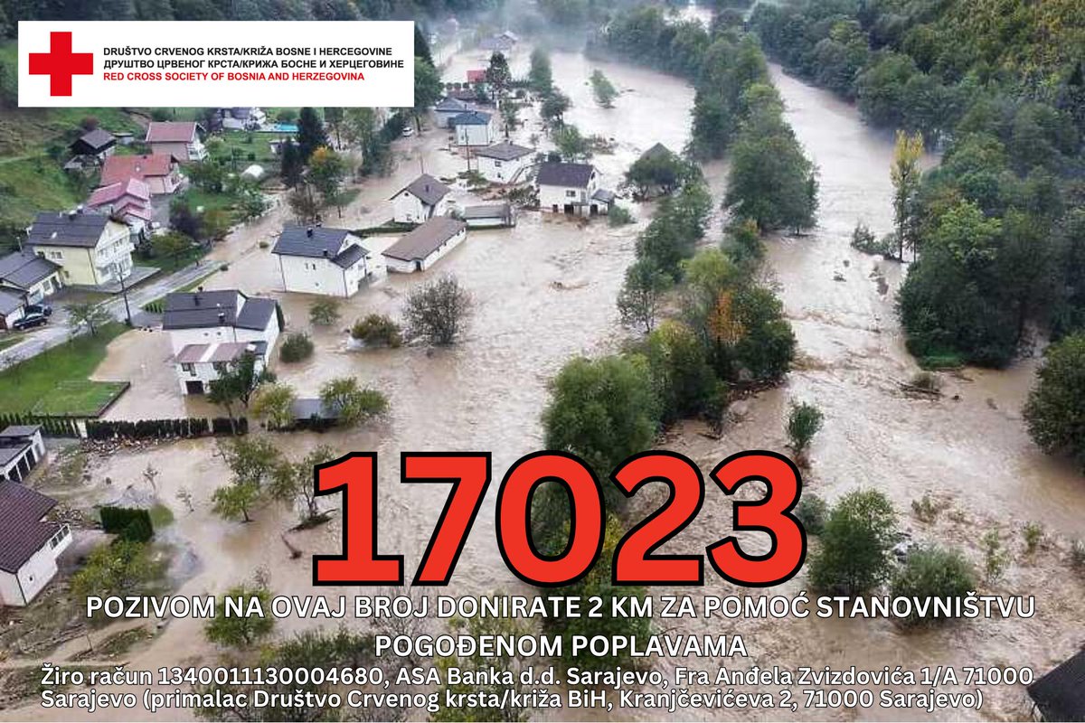 ☎️ 1️⃣7️⃣0️⃣2️⃣3️⃣ ☎️
‼️ By calling this number, you donate 2 BAM to the population affected by the floods in Bosnia and Herzegovina.<a href="/RedCrossBH/">Red Cross Society of Bosnia and Herzegovina</a>