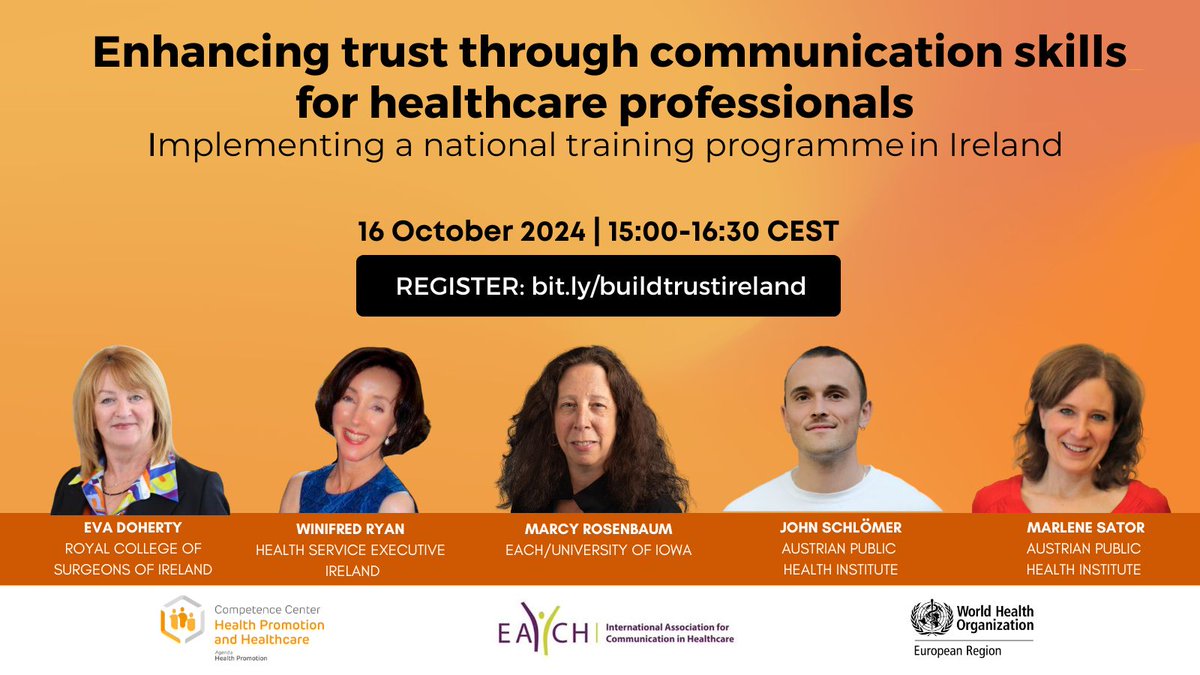 Join us for the next session of our ‘Enhancing trust through #communication skills’ webinar series.

<a href="/WinifredRyan16/">Winifred Ryan</a> and @EvaDoherty will talk through implementation of a national communication training programme for healthcare staff in 🇮🇪

Register now: bit.ly/3Bx2Qbe
