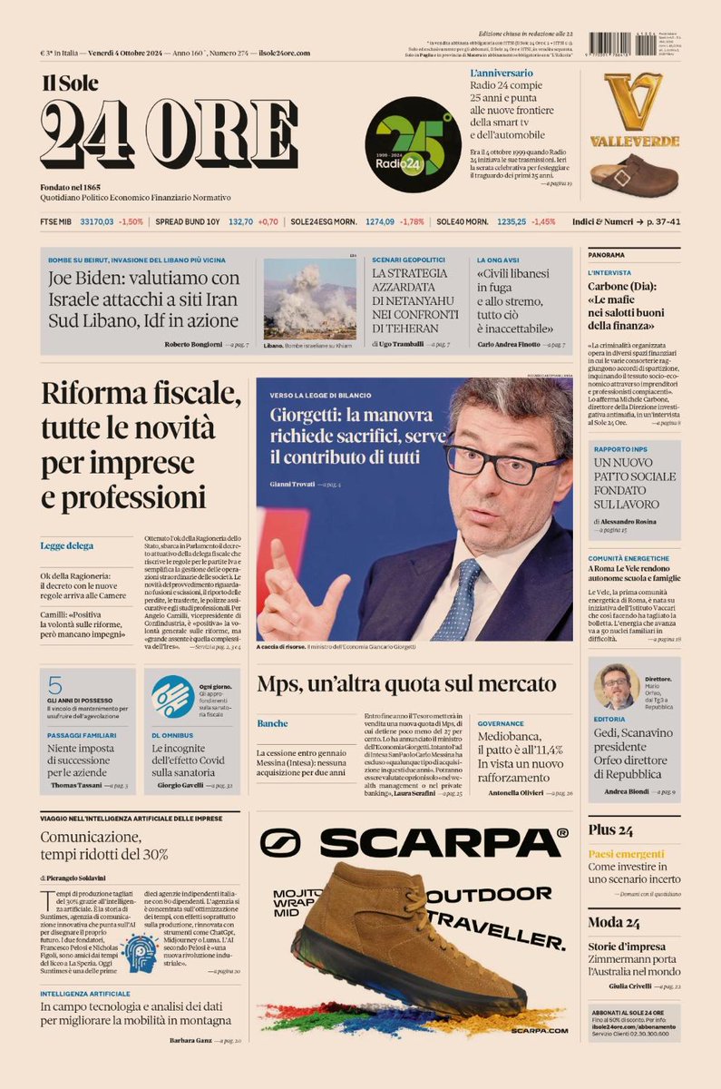 franser_real's tweet photo. 📰 LA PRIMA PAGINA DE IL SOLE 24 ORE

#Riformafiscale, tutte le novità per imprese e professioni». #Giorgetti: la manovra richiede sacrifici, serve il contributo di tutti. #Biden: valutiamo con
#Israele attacchi a siti #Iran.
➡️[https://t.co/IV1kzd1ktZ] #IlSole24Ore #edicola #primapagina #rassegnastampa #4ottobre