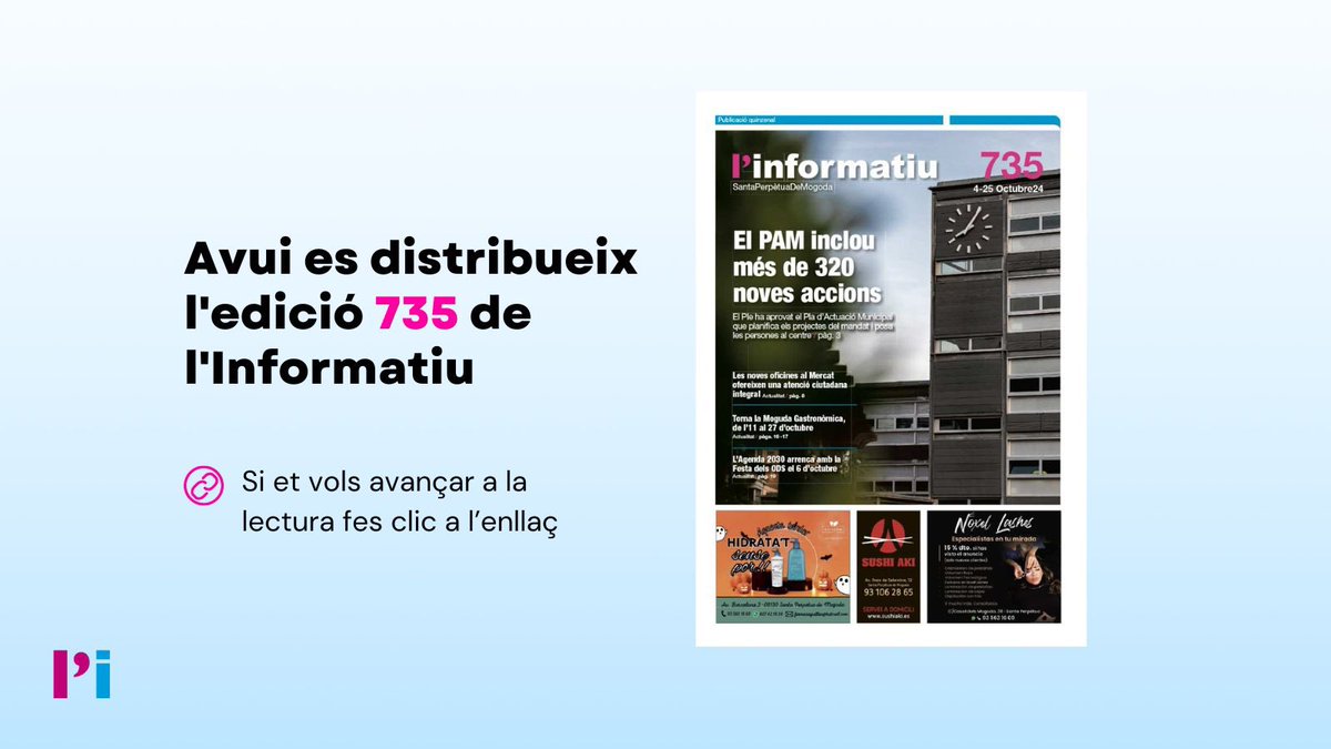 El Pla d'Actuació Municipal (PAM) protagonitza la portada de l'edició 735. Ja s'està distribuint aquesta nova edició! Si encara no l'has rebut, la pots llegir també en aquest enllaç:

bit.ly/linf735