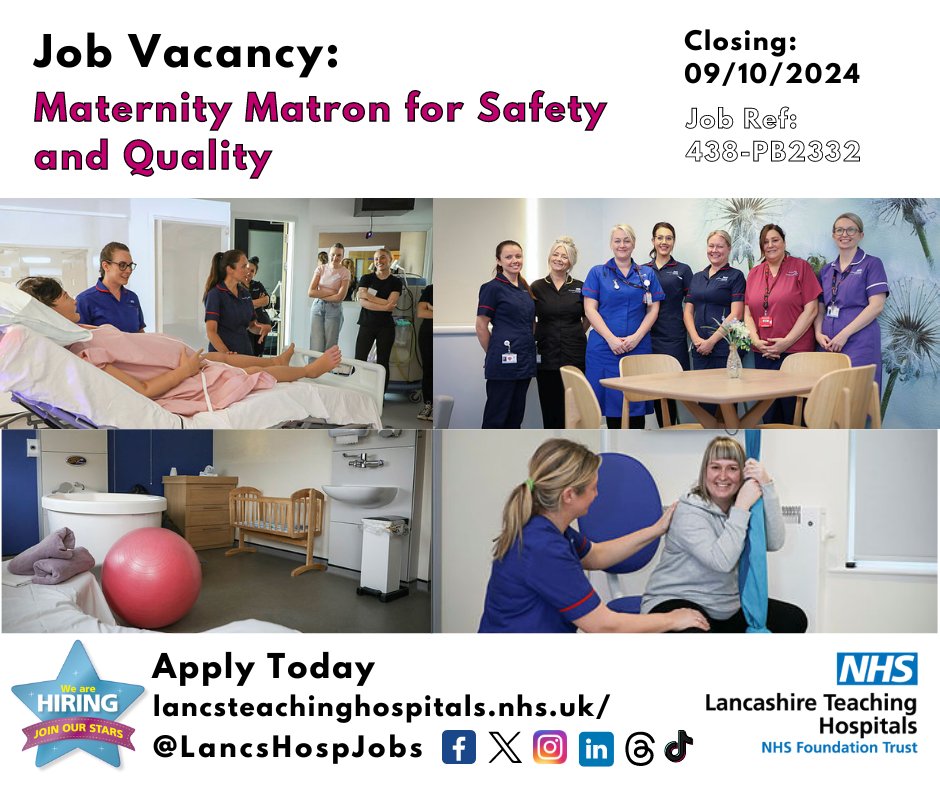 Lancashire Teaching Hospitals Jobs 💙 (@lancshospjobs) on Twitter photo Job Vacancy: #Maternity #Matron for Safety and Quality <a href="/LancsHospitals/">Chorley & Royal Preston</a>
⏰Closes: 09/10/2024
Read more and apply: lancsteachinghospitals.nhs.uk/join-our-workf…
#NHS #NHSjobs #lancashire #LancashireJobs #Healthcare #MaternityServices Job Vacancy: #Maternity #Matron for Safety and Quality <a href="/LancsHospitals/">Chorley & Royal Preston</a>
⏰Closes: 09/10/2024
Read more and apply: lancsteachinghospitals.nhs.uk/join-our-workf…
#NHS #NHSjobs #lancashire #LancashireJobs #Healthcare #MaternityServices