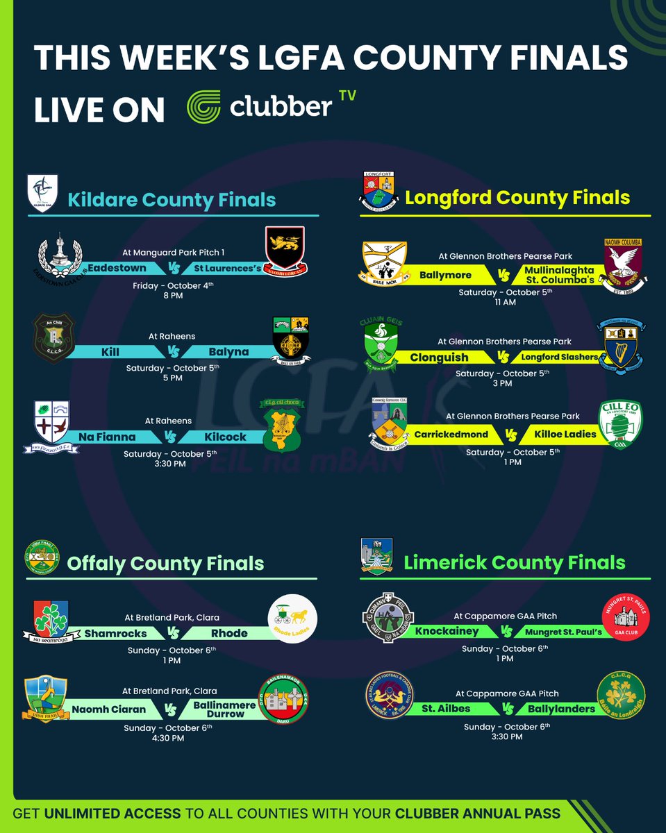 📌This Week's LGFA Fixtures📌

➡️ We are delighted to be showing TEN LGFA County Finals across FOUR Counties this weekend 🏐🏆

🔸 <a href="/KildareLGFA1/">Kildare LGFA</a> x 3️⃣
🔹 <a href="/LongfordLgfa/">Longford LGFA</a> x 3️⃣
🔸 <a href="/OffalyLGFA/">Offaly LGFA</a> x 2️⃣
🔹 <a href="/LKLadiesGaelic/">LimerickLadiesGaelic</a> x 2️⃣

Watch all 46 games this weekend on clubber.ie 🔗