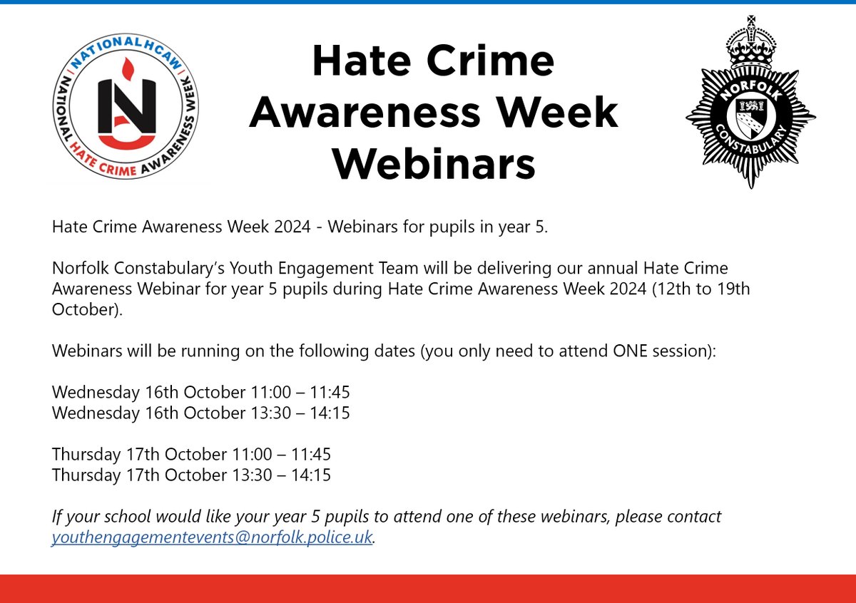 Norfolk - Safer Schools and Youth Engagement (@saferschoolsnfk) on Twitter photo Calling all Norfolk primary school teachers and staff! Norfolk Constabulary are offering a FREE Hate Crime Awareness Week webinar for pupils in year 5! #NationalHCAW <a href="/NorfolkPolice/">Norfolk Police</a> Calling all Norfolk primary school teachers and staff! Norfolk Constabulary are offering a FREE Hate Crime Awareness Week webinar for pupils in year 5! #NationalHCAW <a href="/NorfolkPolice/">Norfolk Police</a>