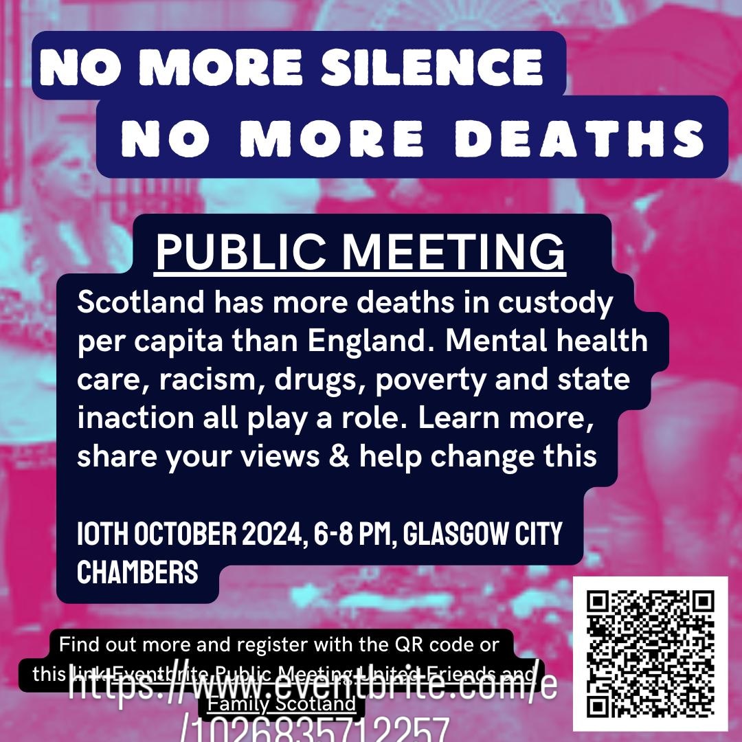 UFFC #Scotland <a href="/UFFCampaign/">United Families & Friends Campaign (UFFC)</a>
Public meeting, Glasgow City Chambers, Thursday 10th October, 6-8 pm eventbrite.com/e/1026835712257
For All
-bereaved by a death in custody
-member of the public
-concerned about Scotland’s drug death numbers
-suicide prevention campaigner/worker
-Anti-Racist