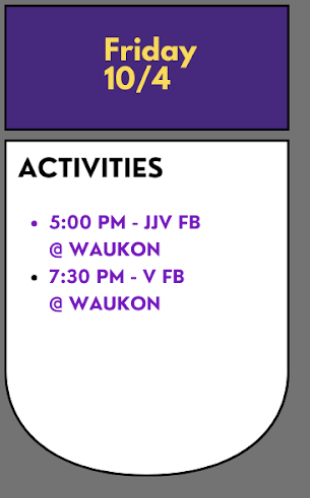 5 - JJV FB 🏈 @ Waukon
7:30 - V FB 🏈@ Waukon