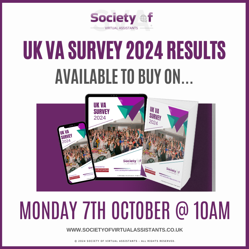 📣Exciting news: the UK Virtual Assistant Survey 2024 Results are ready and will be going on sale on Monday 7th October at 10am!!!

Get your copy here when it goes live on Monday:
societyofvirtualassistants.co.uk/virtual-assist…

#UKVASurvey  #SVA  #VirtualAssistant  #Statistics #Survey #journalism #news