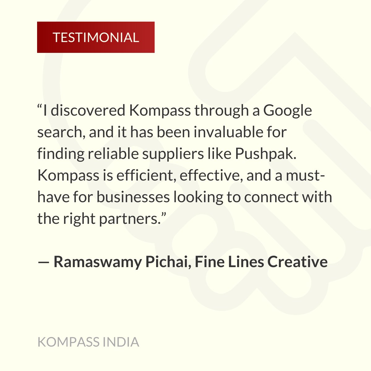 kompass_in's tweet photo. Mr. Ramaswamy Pichai from Fine Line S Creative Pvt. Ltd. found Kompass through Google and values it for connecting with reliable suppliers. Our verified B2B data helps businesses grow with trusted partnerships.
Let us help you too!
#B2BConnections #BusinessGrowth #KompassData https://t.co/8iVD8nTusM