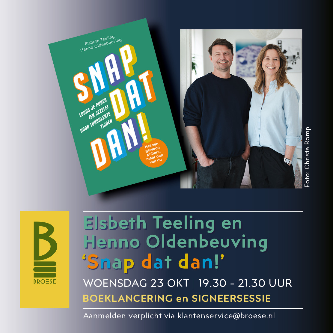 Voor elke ouder met pubers is dit boek een verrijking! Hoe ga je om met de opvoeding van pubers? Pak ik het wel goed aan? Hoe kan het beter? Zomaar enkele vragen waarmee veel ouders worstelen. Wilt u bij deze presentatie aanwezig zijn, meld u aan:
broese.nl/agenda/boeklan…