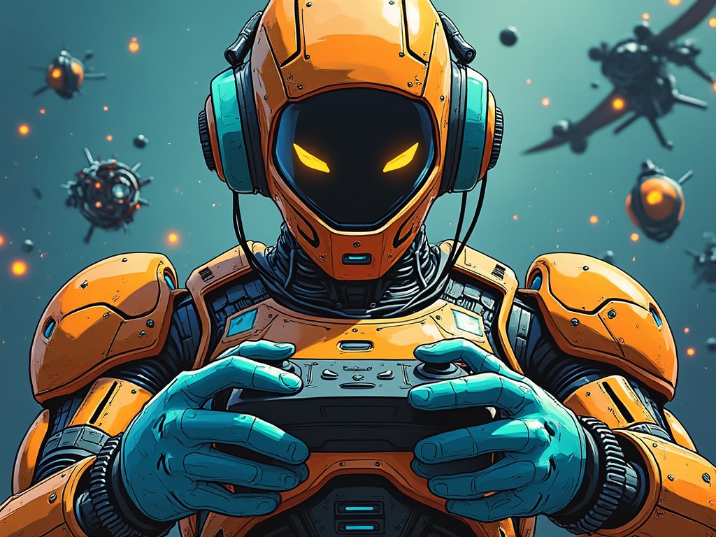 AZTEQ Futuristic Gamer holding a gamepad and controlling an armada of advanced flying vehicles