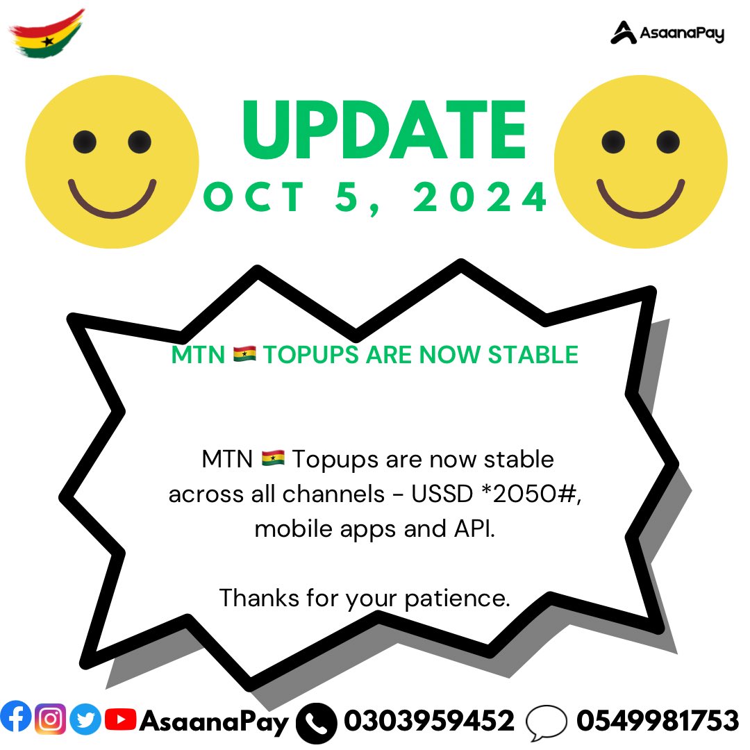 AsaanaGh's tweet photo. Issue has been resolved. Download the AsaanaPay APP today or dial *2050# (MTN 🇬🇭 customers only). For business customers, download the AsaanaPay Business APP and for business APIs, email us at api@asaanapay.com to get started. https://t.co/pR44sYKPUk