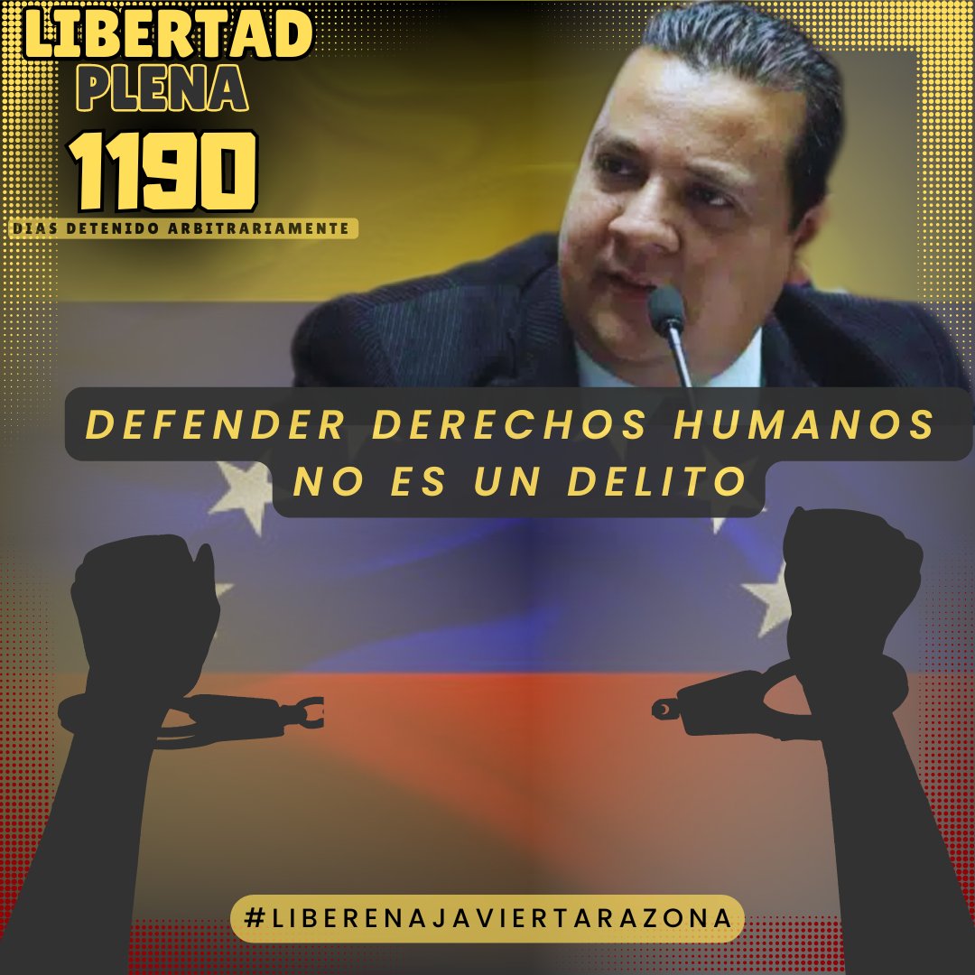 #4Octubre | <a href="/javiertarazona/">Javier Tarazona</a>, defensor de #DDHH y director de <a href="/FundaREDES_/">FundaREDES</a> lleva 1190 días de detención arbitraria y privación ilegítima de libertad.

¡Defender derechos humanos no es un delito!   ¡Libertad plena e inmediata! #LiberenAJavierTarazona
#NiUnDiaMasTrasLasRejas