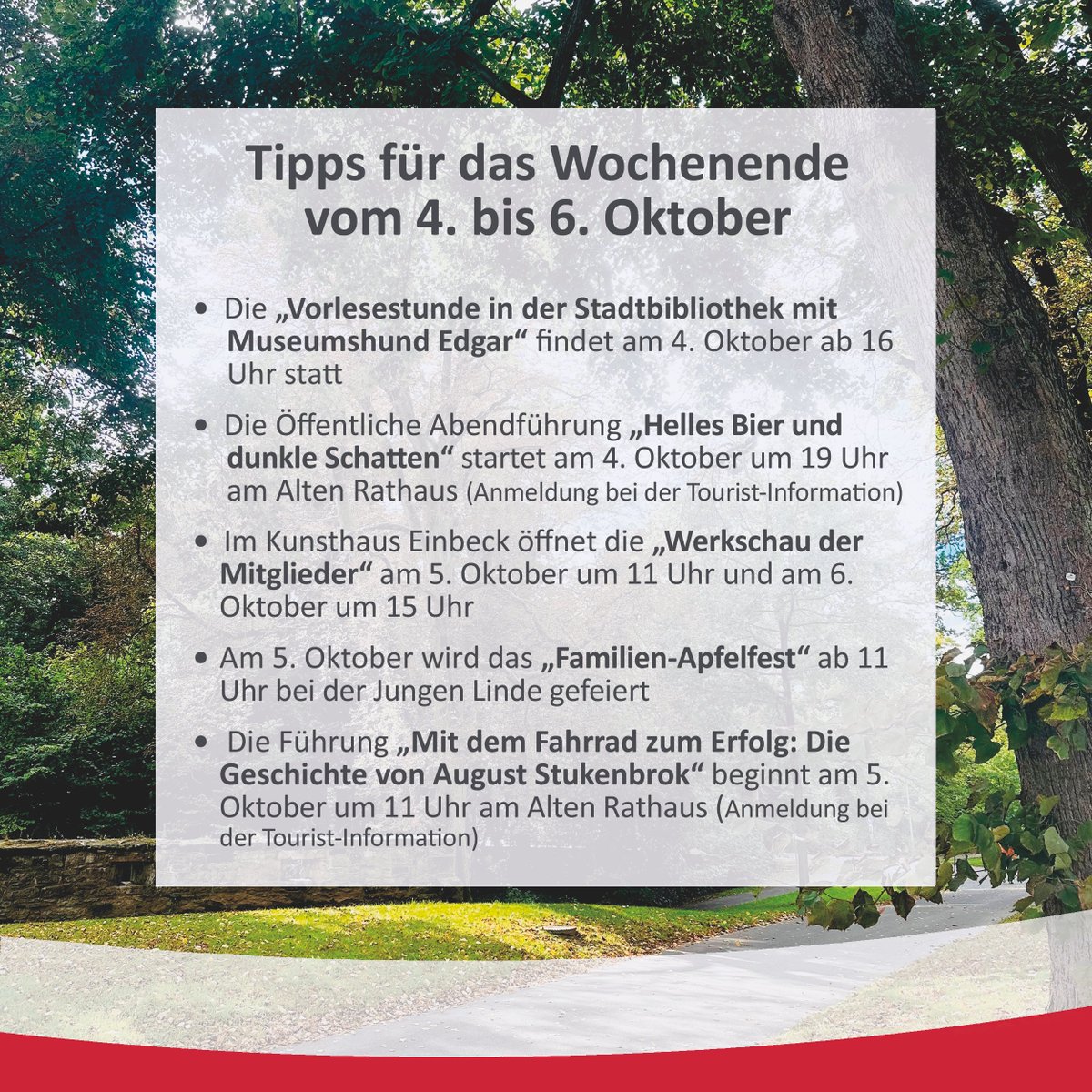 EMGmbH's tweet photo. Zum Start ins Wochenende folgen hier die Veranstaltungstipps für die nächsten Tage👇🍂
Habt ihr weitere Tipps für das Wochenende? Teilt Sie gerne in den Kommentaren!

#Einbeck #Einbeckerleben #Vorlesestunde #HellesBierDunkleSchatten #Werkschau #FamilienApfelfest #AugustStukenbrok https://t.co/LBHvTIfZVi