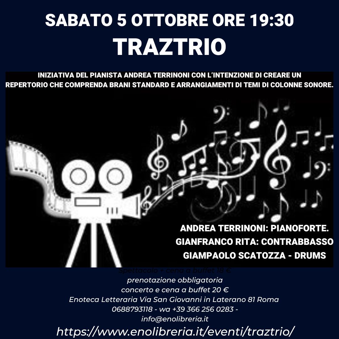 Enoteca Letteraria (@enolibri) on Twitter photo SABATO: "TrazTrio" - ULTIMI POSTI - mailchi.mp/fc380c9fb91c/v…
PRENOTA ORA:
0688793118
3662560283 (Whatsapp)
info@enolibreria.it
enolibreria.it/eventi/traztri… SABATO: "TrazTrio" - ULTIMI POSTI - mailchi.mp/fc380c9fb91c/v…
PRENOTA ORA:
0688793118
3662560283 (Whatsapp)
info@enolibreria.it
enolibreria.it/eventi/traztri…