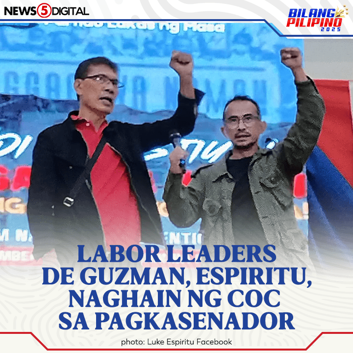 News5PH's tweet photo. Naghain na ng certificates of candidacy #COC para sa pagkasenador ang labor leaders ng Partido Lakas ng Masa #PLM na sina #LukeEspiritu at #LeodyDeGuzman ngayong Biyernes, Oct. 4. #BilangPilipino2025 #News5 https://t.co/9qZZ8rOoLh