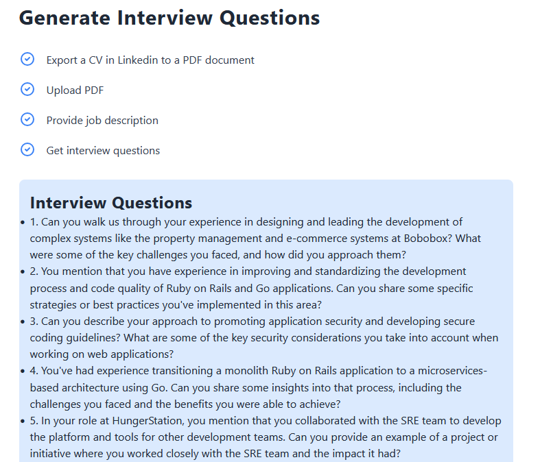 PredictSalary's tweet photo. A new feature has been released! 🥳

Generate personalized questions based on a CV and a job opportunity description! 📚

You can use this for practicing an interview. You can also utilize this for inspiration when you want to interview a candidate.😎

https://t.co/5hNr4IqkFw https://t.co/QBTLbBy64z