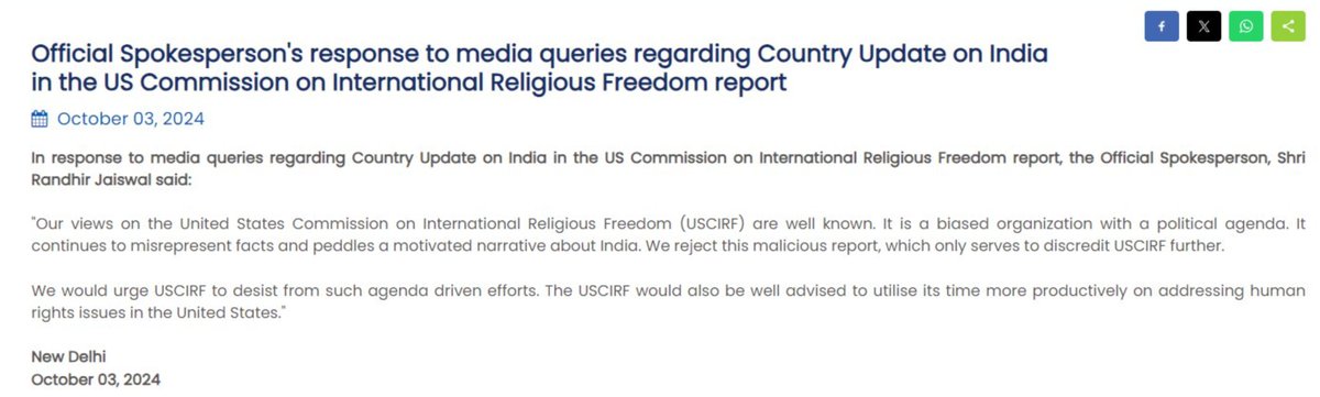 "Utilise time on addressing human rights issues in US."

- MEA rubbishes USCIRF report on religious freedom in India

"The #USCIRF would also be well advised to utilise its time more productively on addressing human rights issues in the United States," said MEA.