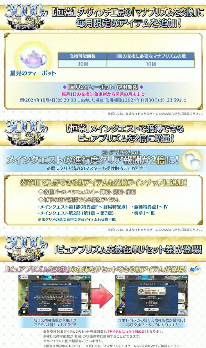 【3000万ダウンロードキャンペーンまとめ】
・このあと4日20時スタート！
・星5サーヴァント配布
┗対象は恒常+スト限
・オベロン+歴代DLCPサーヴァントPU
┗キャストリア、マーリンなど
・聖晶石合計90個、呼符15枚など配布
・ピュアプリズム獲得量2倍
┗合わせて在庫リセット券実装