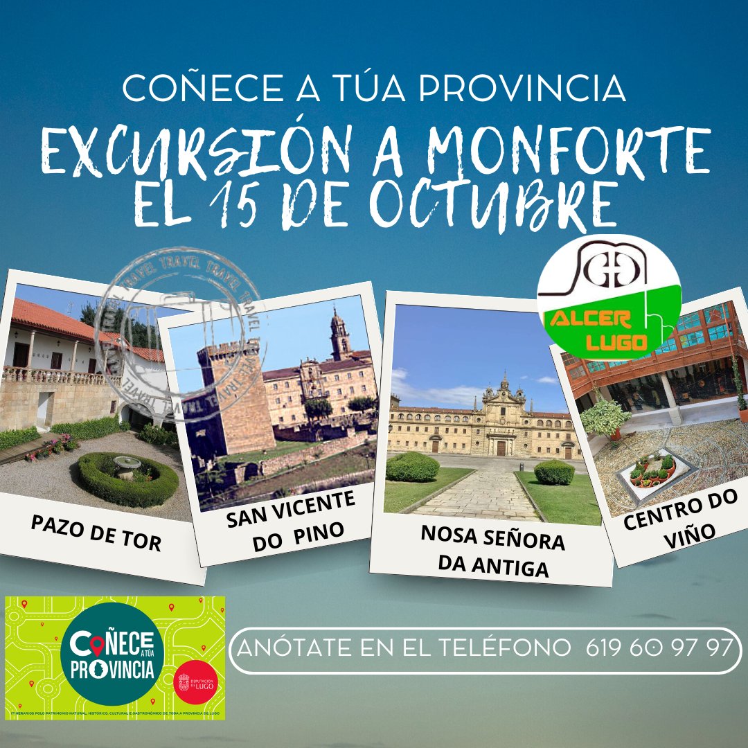 ALCER lugo (@alcerlugo) on Twitter photo El próximo martes, 15 de octubre, a través del programa Coñede a túa Provincia de <a href="/depulugo/">Deputación de Lugo</a> tenemos una excursión a Monforte. Para anotarse llamar al teléfono 619 60 97 97.
Y marcar el 27 de octubre en el calendario que serán las XVII Jornadas de Alcer Lugo 🙃 El próximo martes, 15 de octubre, a través del programa Coñede a túa Provincia de <a href="/depulugo/">Deputación de Lugo</a> tenemos una excursión a Monforte. Para anotarse llamar al teléfono 619 60 97 97.
Y marcar el 27 de octubre en el calendario que serán las XVII Jornadas de Alcer Lugo 🙃