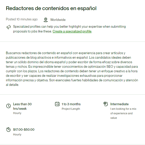 amigafreelance's tweet photo. "No hay buenas oportunidades de trabajo en español"

- Redactor SEO ($17-50 USD por hora)
- Consultor de Odoo ($13-22 USD por hora)
- Media Buyer ($200 USD/marca)
- Desarrollador Wordpress ($15-30 USD por hora)

A veces lo que tenemos son creencias limitantes... https://t.co/ofDaf2qQ8S