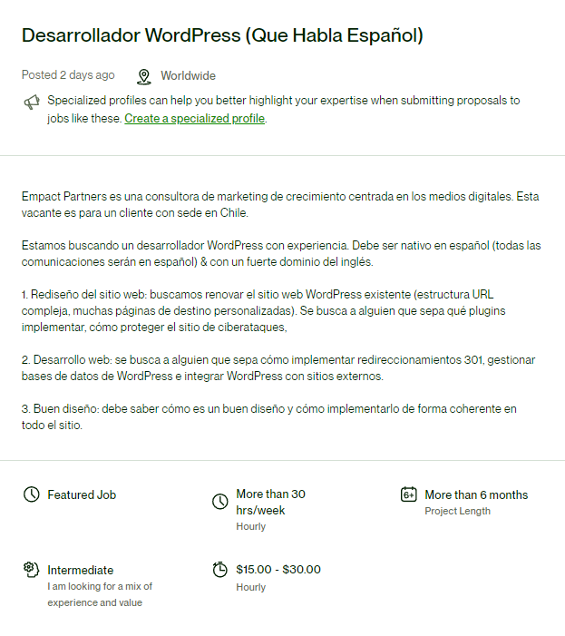 amigafreelance's tweet photo. "No hay buenas oportunidades de trabajo en español"

- Redactor SEO ($17-50 USD por hora)
- Consultor de Odoo ($13-22 USD por hora)
- Media Buyer ($200 USD/marca)
- Desarrollador Wordpress ($15-30 USD por hora)

A veces lo que tenemos son creencias limitantes... https://t.co/ofDaf2qQ8S
