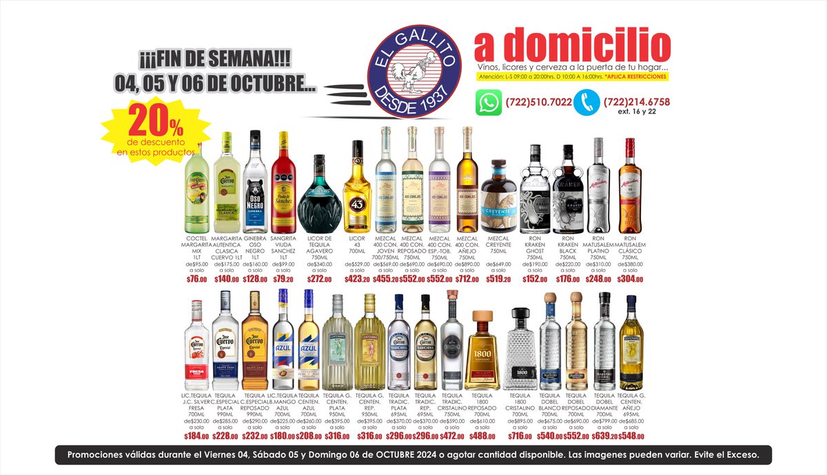 vinoselgallito's tweet photo. Feliz fin de semana, los esperamos 

#agavero #licor43 #400conejos #creyente #thekrakenrum #ronmatusalem #cuervoespecial #centenarioazul #grancentenario #cuervotradicional #tequila1800 #maestrodobel #dobeldiamante #servicioadomicilio #amigallitos #mezcal #ron #tequila #ginebra https://t.co/cgP3yN8O1Y