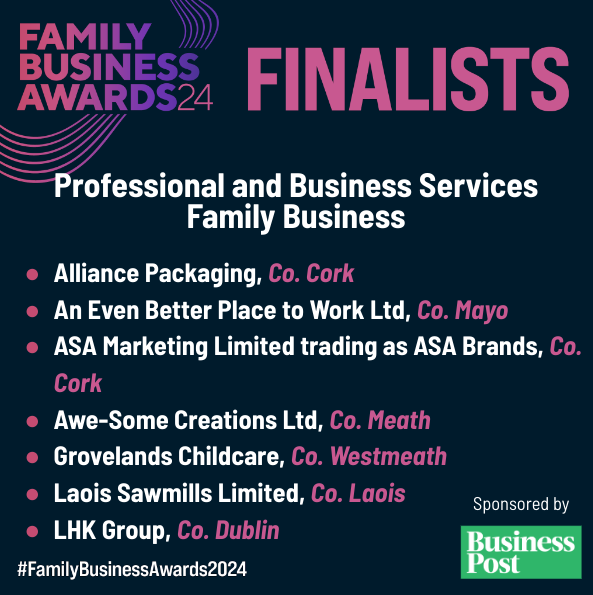 Congrats to the finalists of Professional and Business Services Family business, proudly sponsored by <a href="/businessposthq/">Business Post</a> 

<a href="/AlliancePack/">Alliance Packaging</a> 
<a href="/ASABrands/">ASA Brands</a> 
<a href="/BP2W/">bp2w® - An Even Better Place to Work</a> 
<a href="/HomecarePioneer/">Pioneer HomeCare</a> 
@laoisgardenworld

For full list of finalists, click here shorturl.at/Q9Tf4
#FamilyBusinessAwards2024